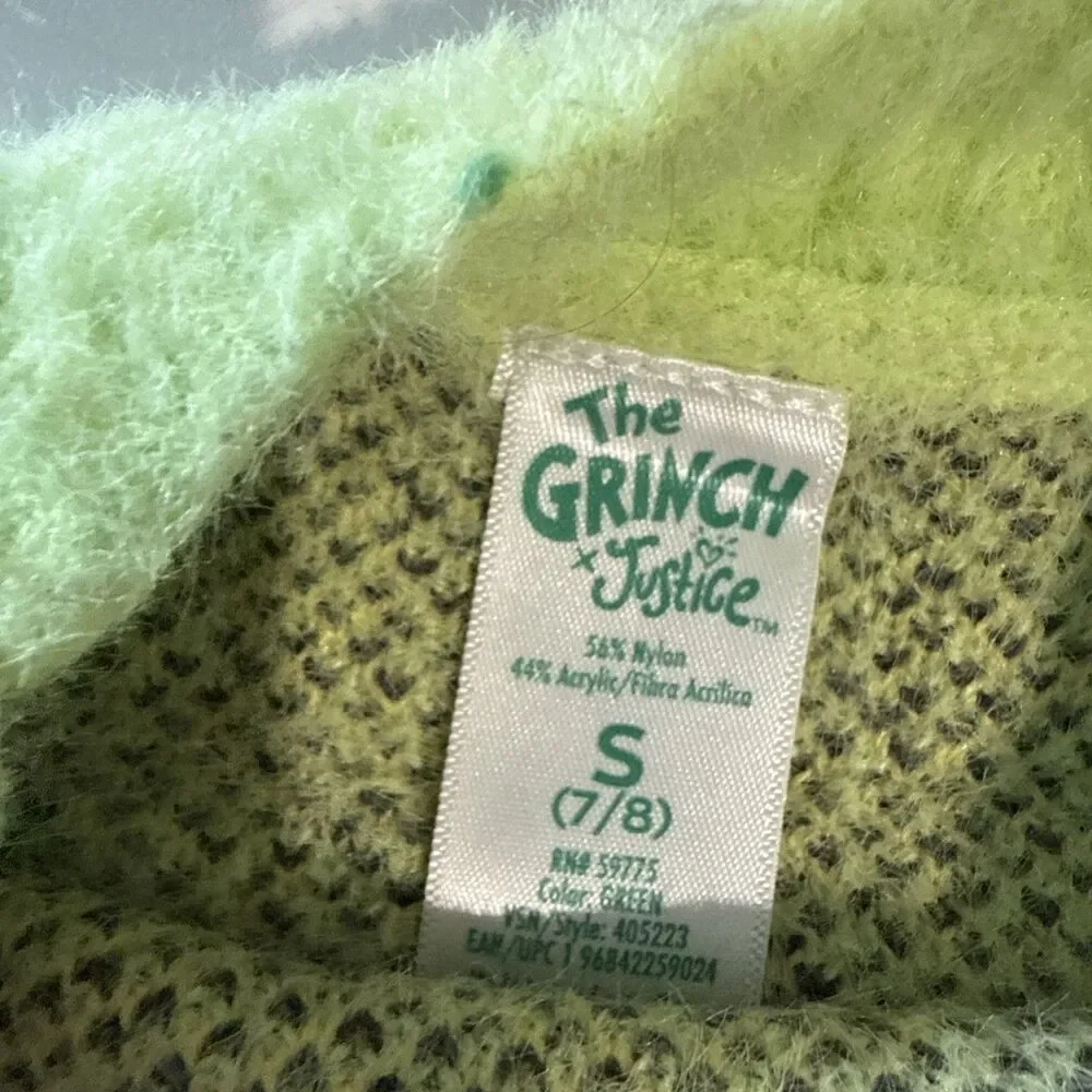 The Grinch By Justice Green Fuzzy Christmas Sweater GIRLS SMALL 7/8